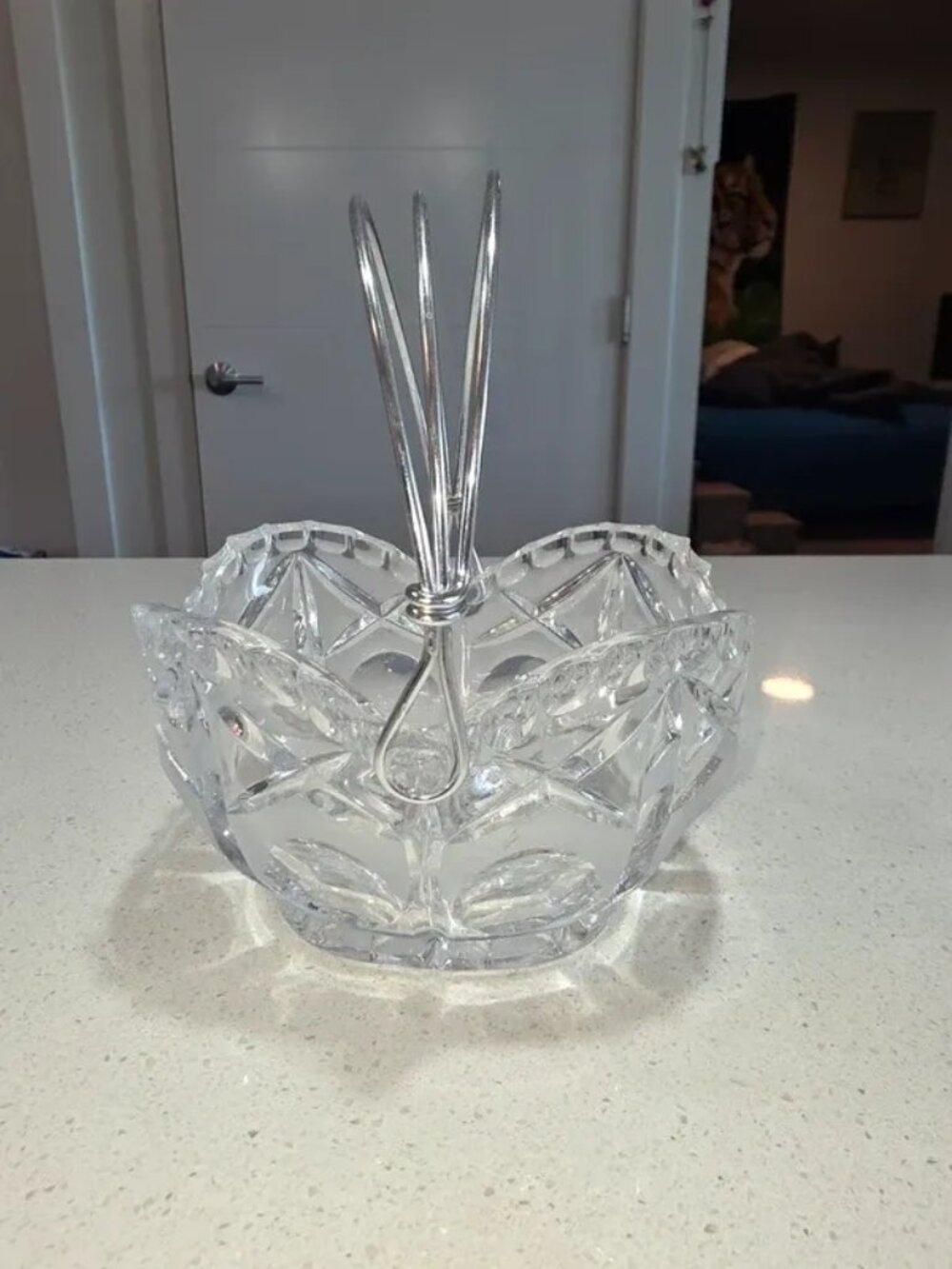 Lead crystal basket with aluminum handle, vintage decorative bowl